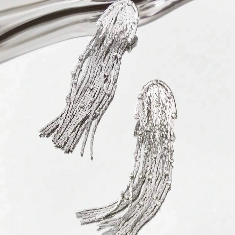 2/$30🌵 Long Arch Tassel Crystal Rhinestone Earrings Silver Tone Dangle Gift NEW